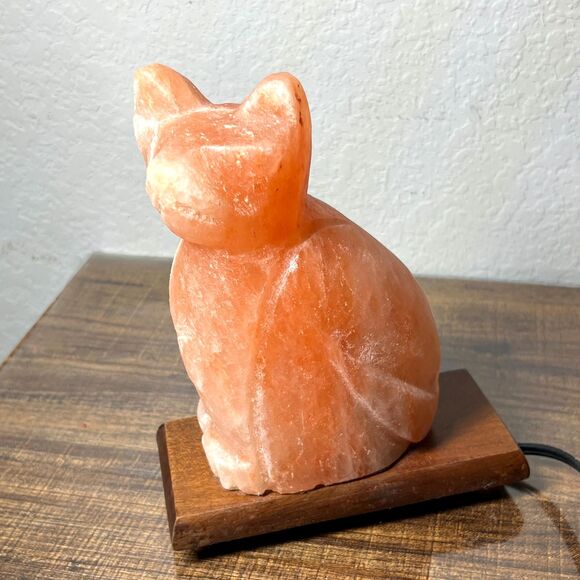 Vintage Pink Himalayan Salt Lamp Cat Shaped Carved Orange Rock Crystal Wood Base - Picture 7 of 13